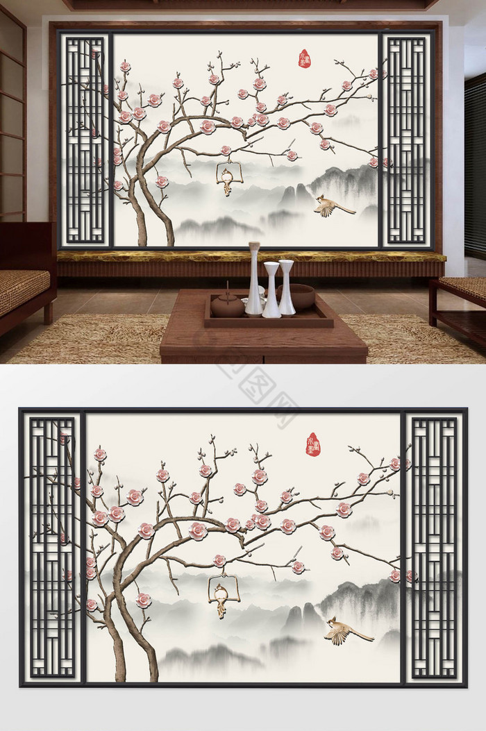 新中式工笔手绘桃花植物山水立体浮雕背景墙图片