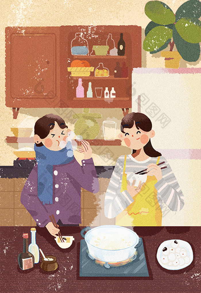 元宵节煮汤圆人物厨房插画