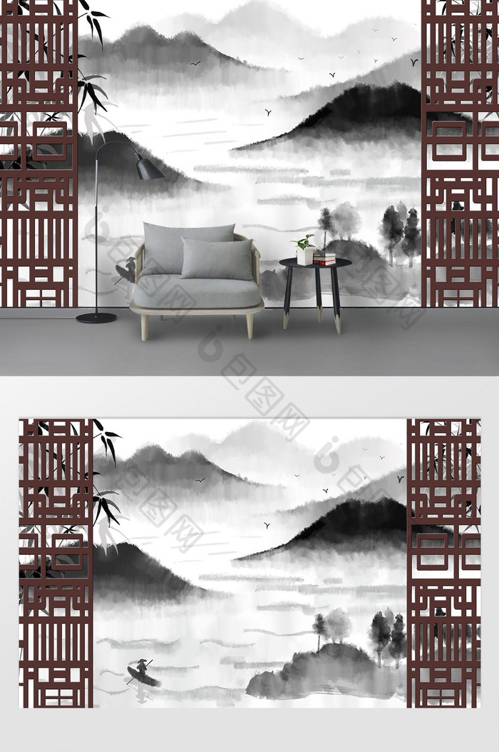 中式中国风山水情竹子电视背景墙