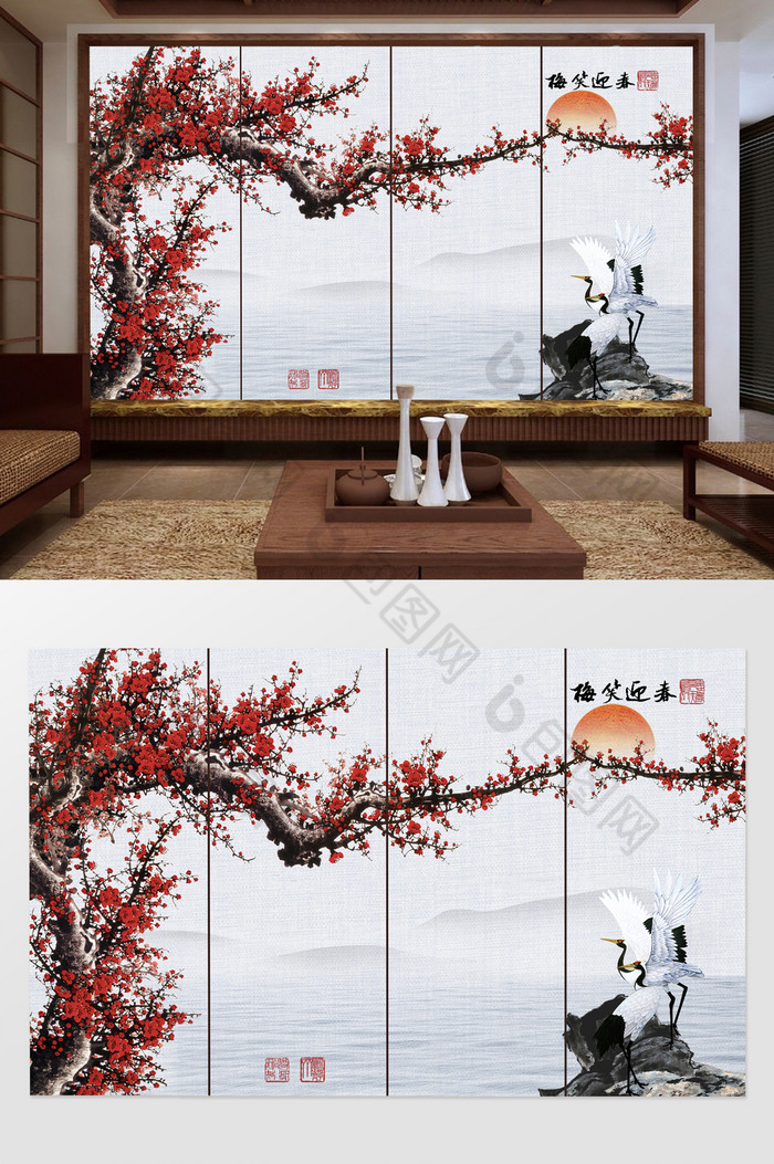中式手绘梅花白鹤意境电视背景墙图片图片