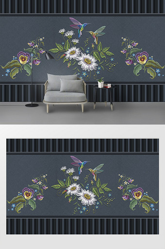 现代时尚创意刺绣花卉小鸟电视背景墙图片