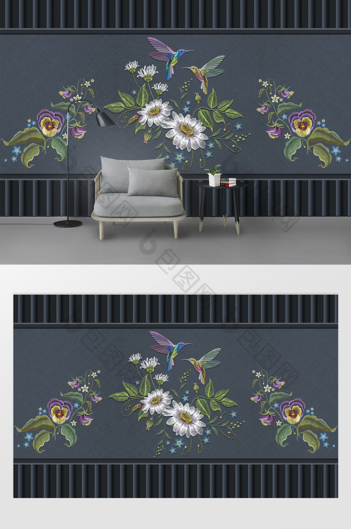现代时尚创意刺绣花卉小鸟电视背景墙