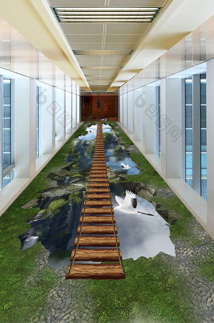 3D仙境山水风景白鹤地板画