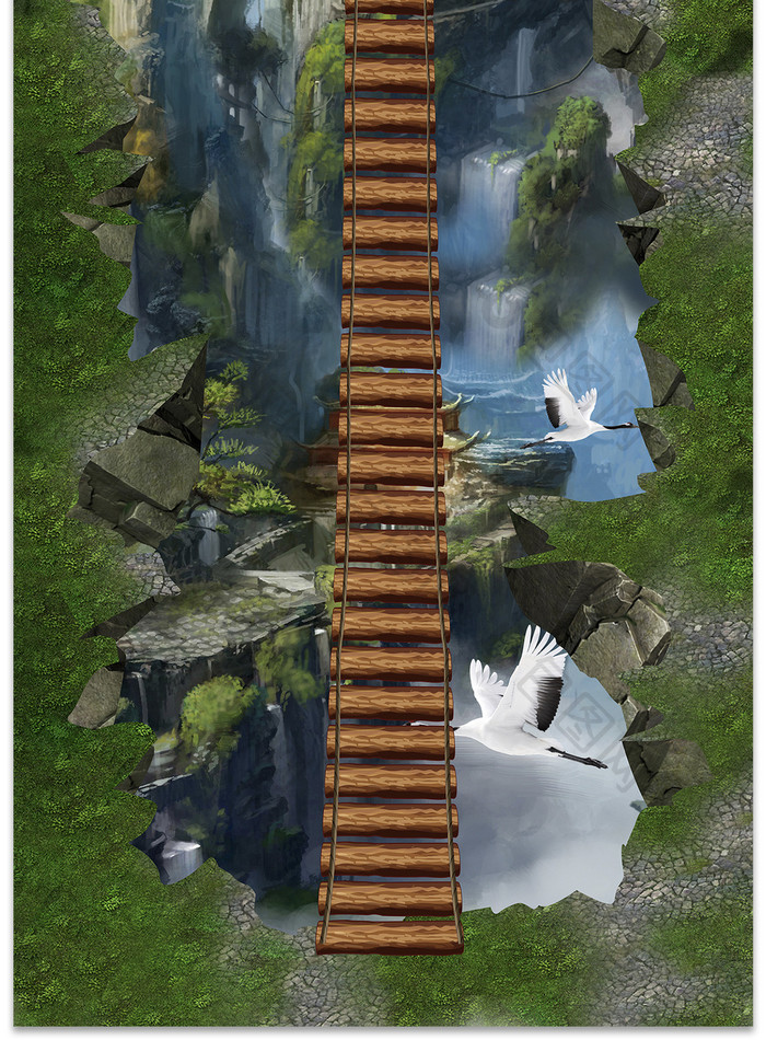 3D仙境山水风景白鹤地板画