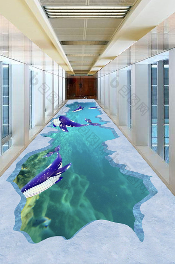 3D立体海底世界海豚鱼群地板画