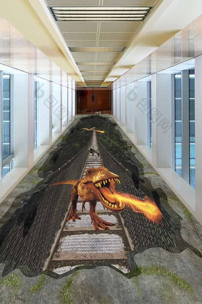 3D立体惊险吊桥恐龙地板画