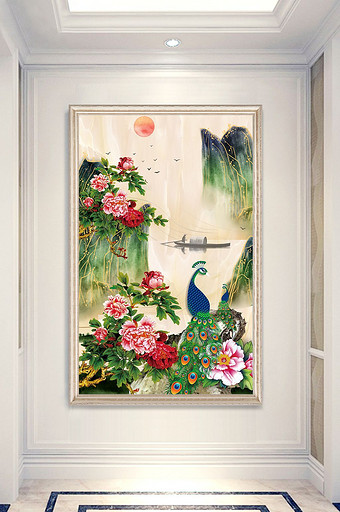 中式唯美花开富贵蝴蝶孔雀玄关装饰画图片