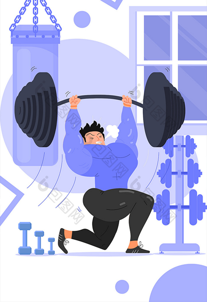 卡通健身举铁锻炼增肌减肥海报app插画