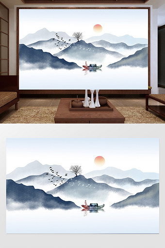 新中式水墨山水意境风景电视背景墙图片