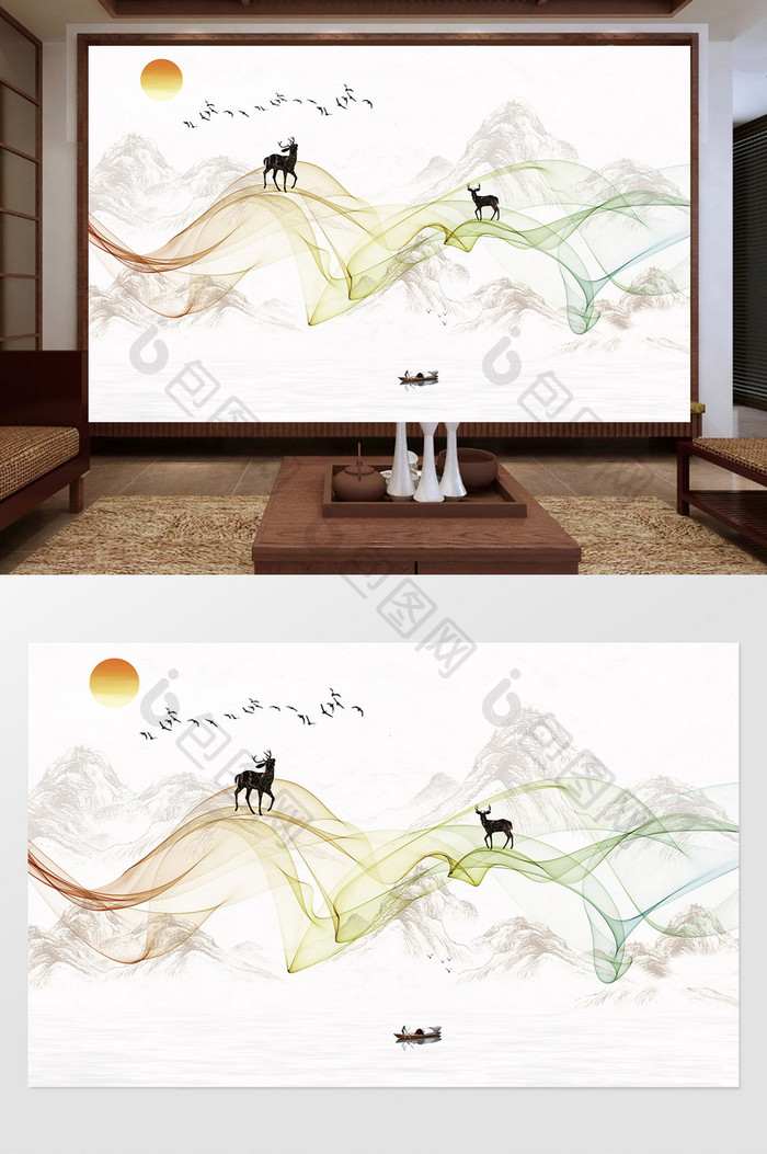 新中式抽象山水风景麋鹿电视背景墙