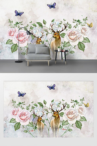 现代北欧花卉麋鹿客厅沙发背景墙图片