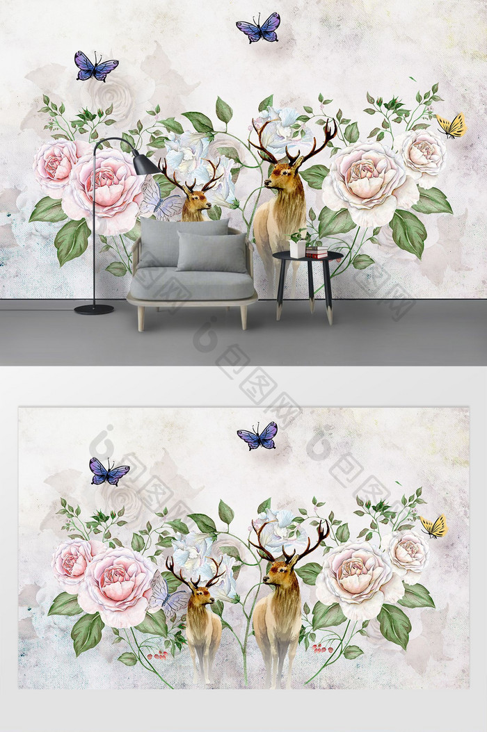 现代北欧花卉麋鹿客厅沙发背景墙