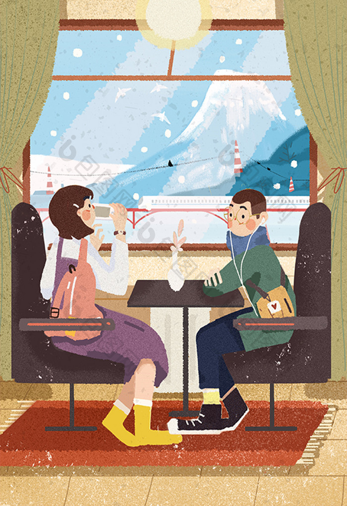 假期生活方式旅游火车出行男孩女孩卡通插画