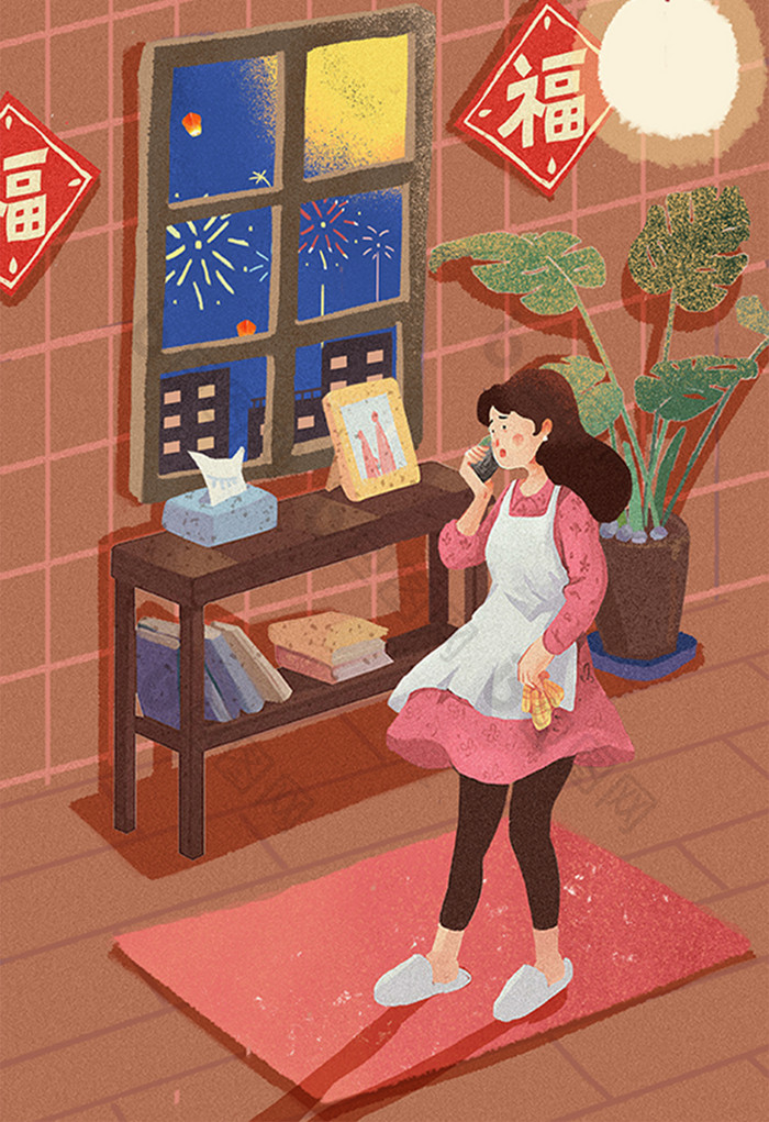 元宵节卡通室内少女夜景烟花喜庆红色插画