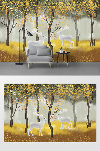 北欧金色抽象树麋鹿风景背景墙图片