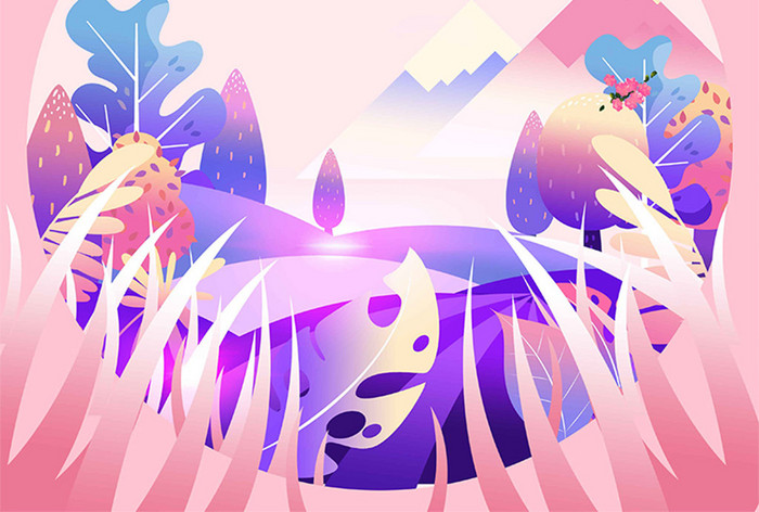 粉红紫色梦幻渐变创意花卉插画春游春游海报