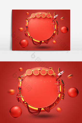 红色喜庆大气C4D创意圆形边框装饰元素图片