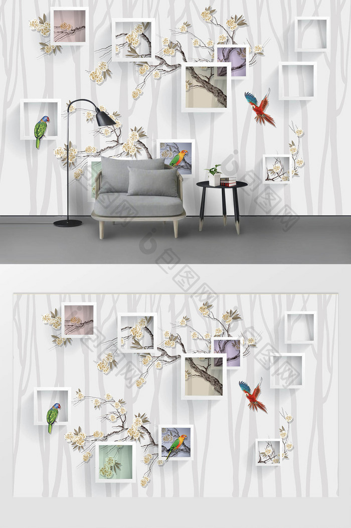 新现代简约立体方框手绘花鸟植物背景墙
