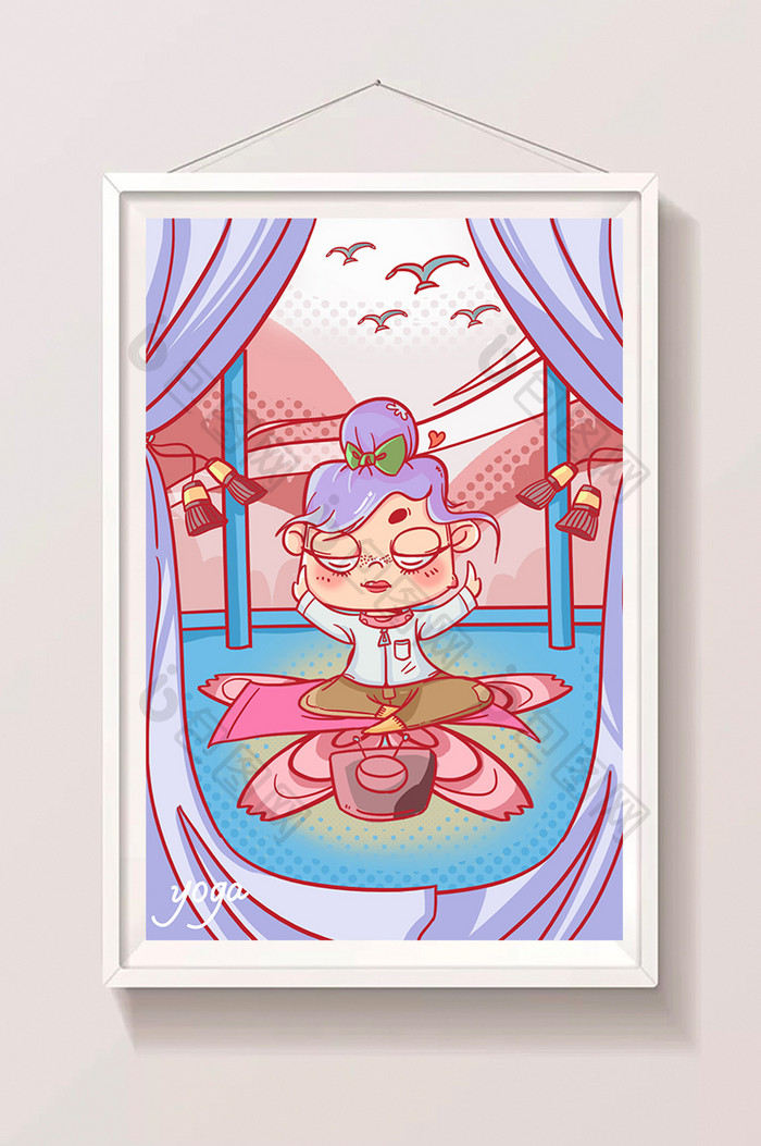 粉蓝色可爱涂鸦风健身练瑜伽的女生插画
