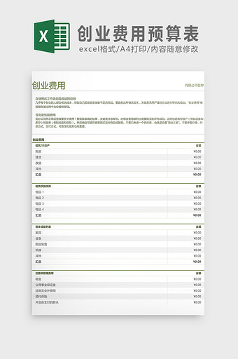 创业费用预算表Excel模板图片