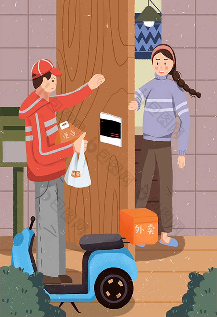 送外卖外卖小哥送餐上门插画