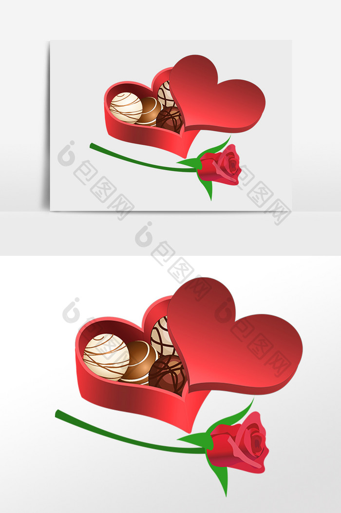 手绘情人节巧克力盒和红玫瑰素材