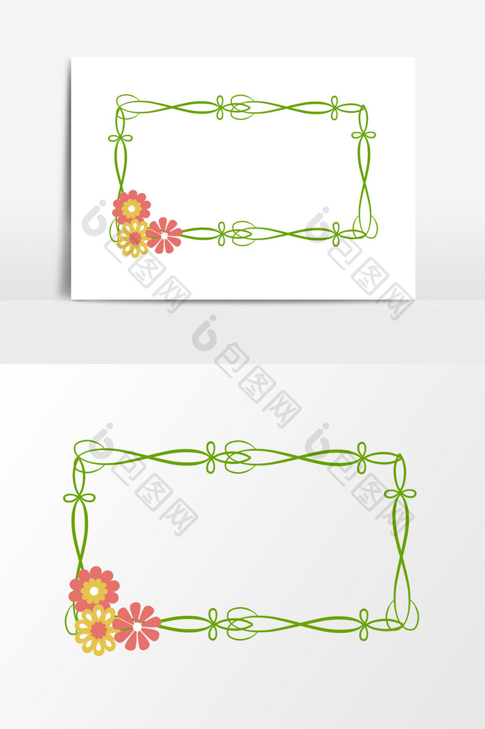 手绘绿色边框花朵装饰元素