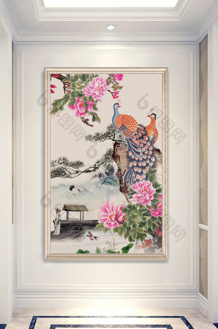 中式艺术油画富贵花开蝴蝶玄关装饰画