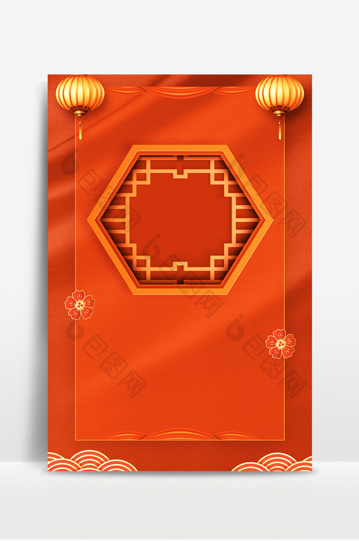 珊瑚橘中国风灯笼纹理春节海报背景图