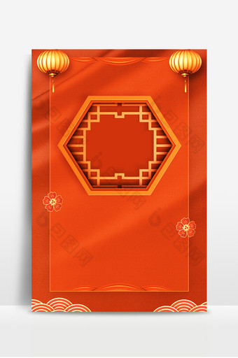 珊瑚橘中国风灯笼纹理春节海报背景图图片