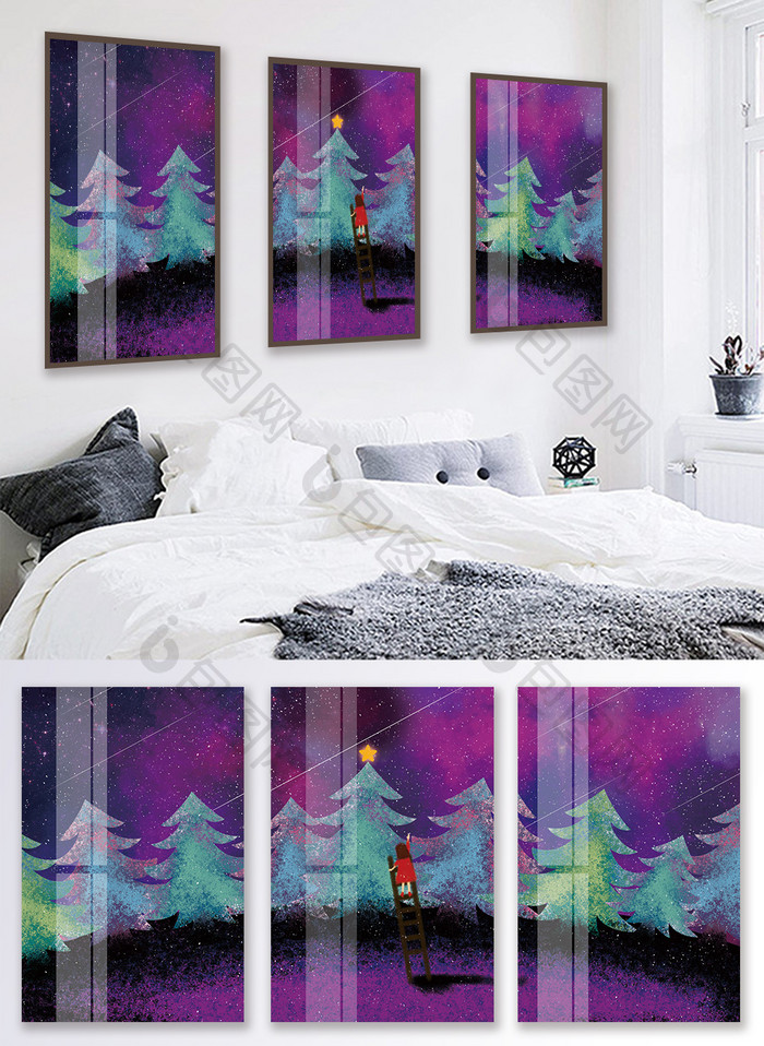 手绘森林星空风景儿童房卧室装饰画