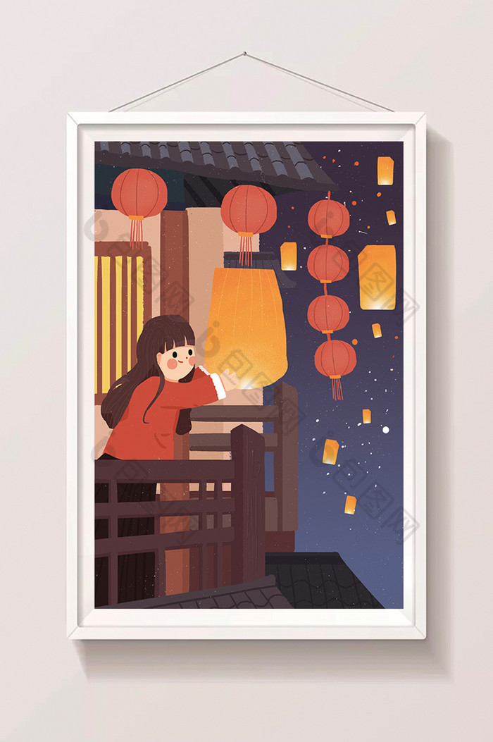 元宵节少女放孔明灯夜景红灯笼插画图片
