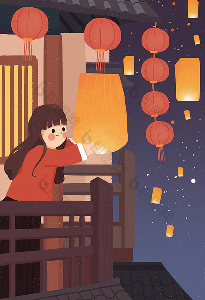 元宵节少女放孔明灯夜景红灯笼插画图片