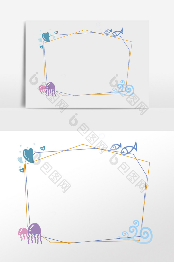 手绘蓝色海洋生物边框素材
