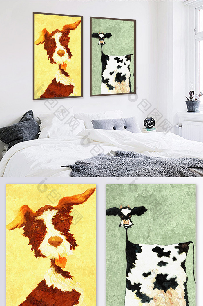 北欧动物油画狗狗奶牛艺术抽象装饰画