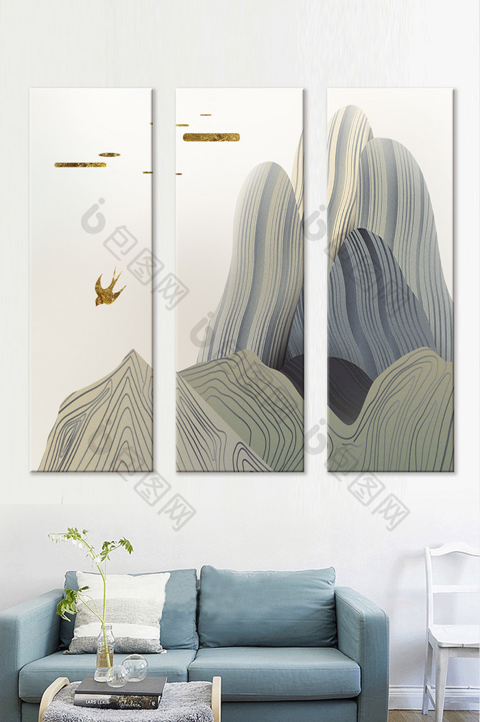 新中式山水线条抽象艺术金色飞鸟金云装饰画
