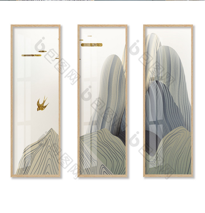 新中式山水线条抽象艺术金色飞鸟金云装饰画