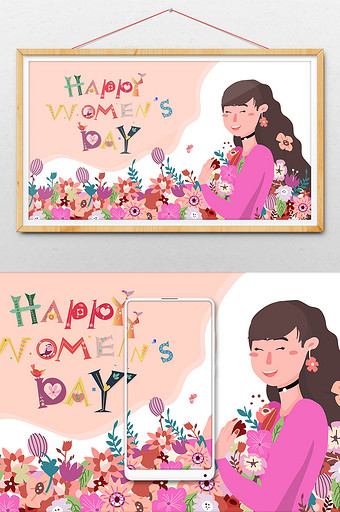 卡通妇女节女神节女生鲜花横幅公众号插画图片