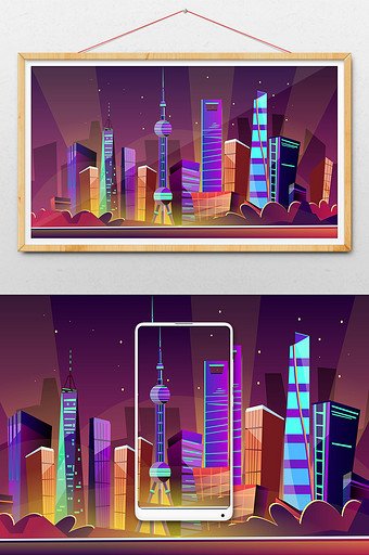 卡通上海地标渐变夜景城市建筑横幅壁纸插画图片