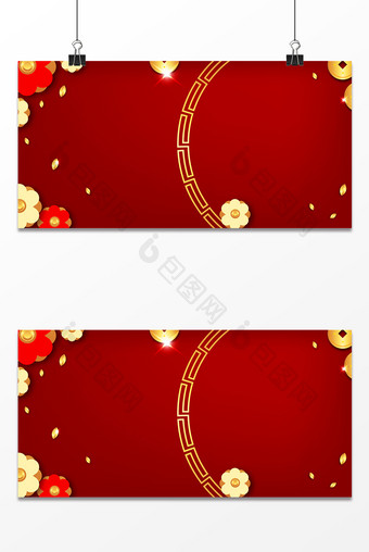 中国红喜庆大气金币花卉扁平春节背景图片