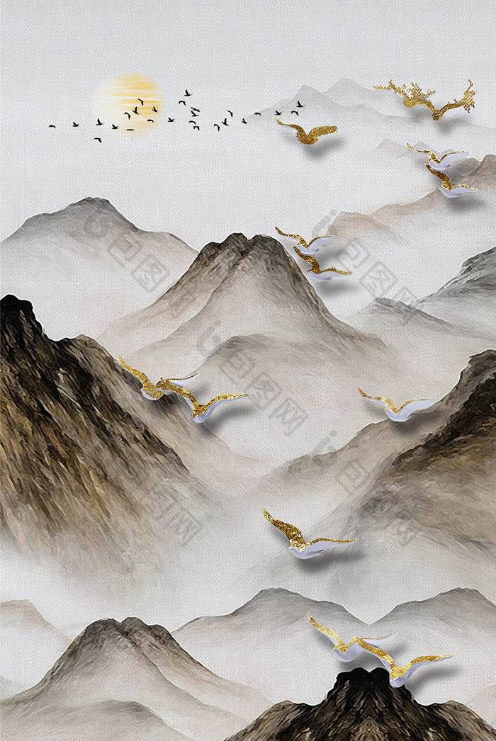 新中式山水3D立体风格飞鸟金色装饰画素材