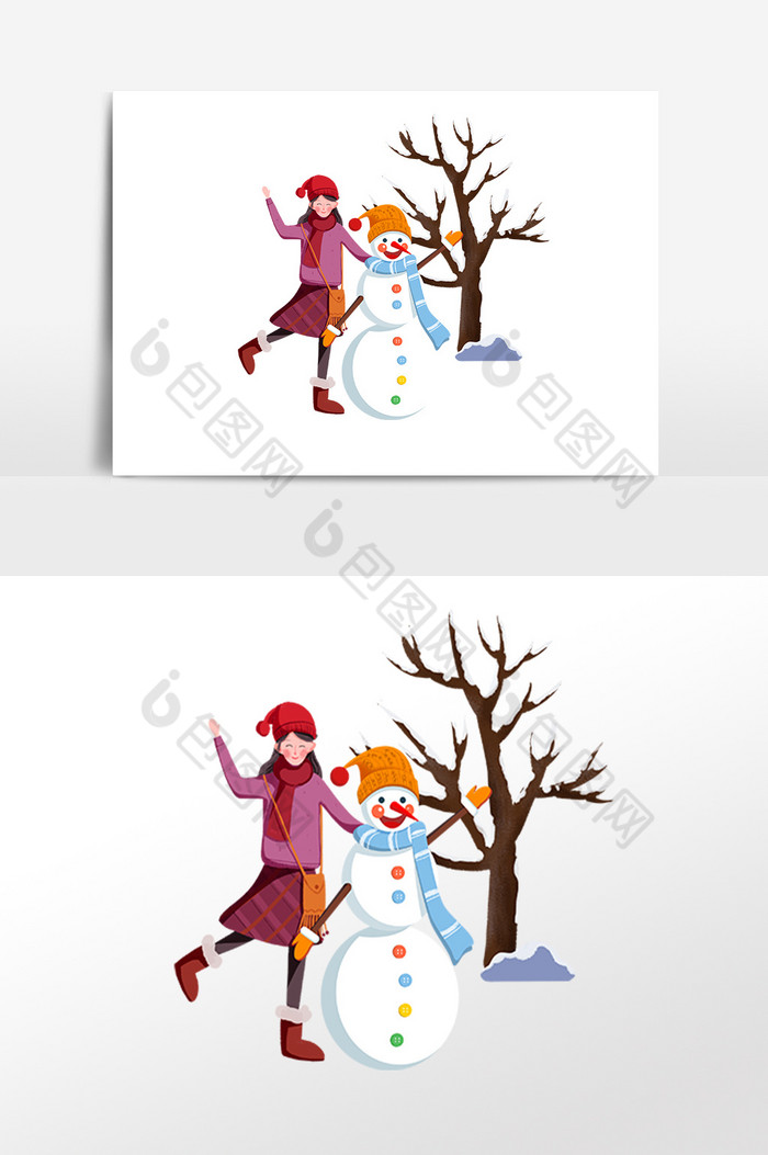 冬季旅行和雪人摆姿势女孩图片图片