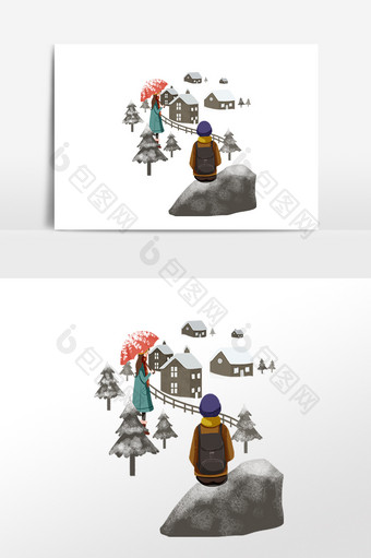 手绘冬季旅游撑伞的女孩素材图片