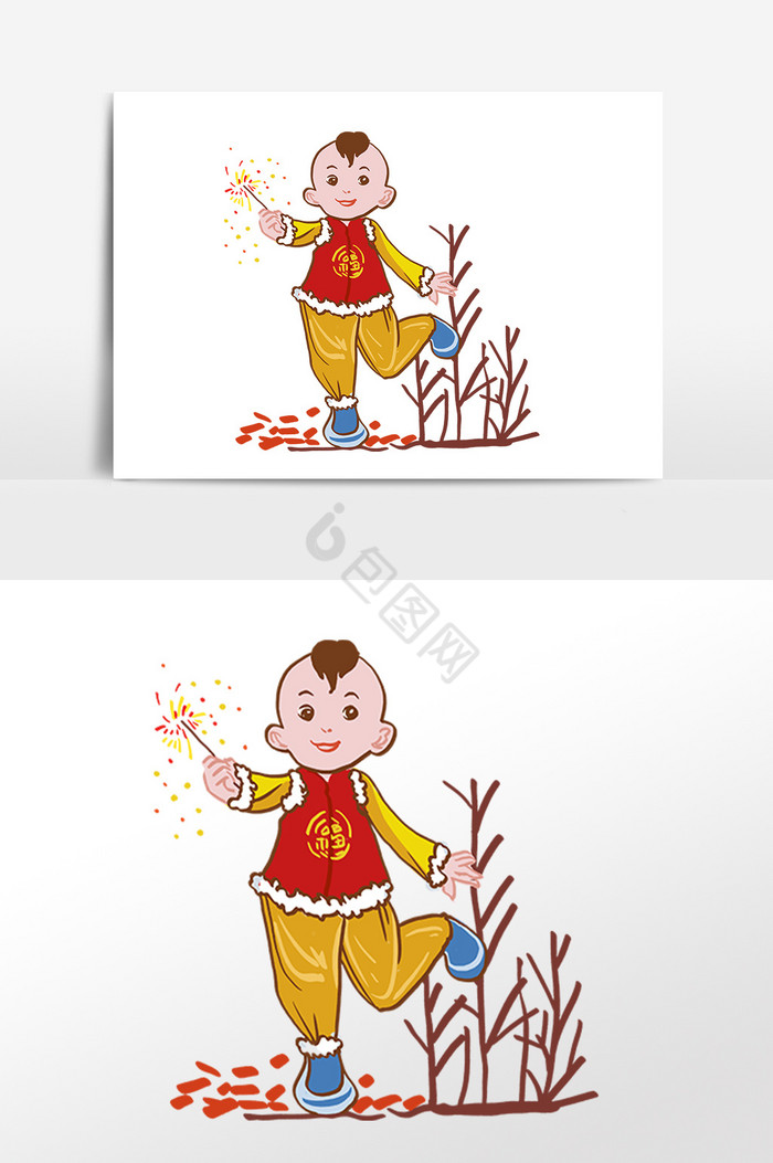 春节手持烟花棒的小男孩图片