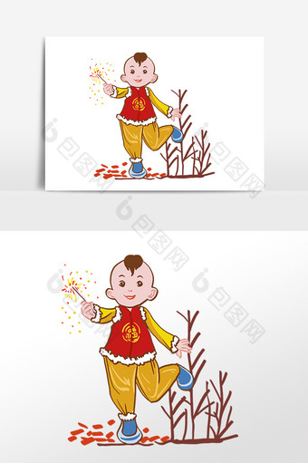 手绘春节手持烟花棒的小男孩素材图片