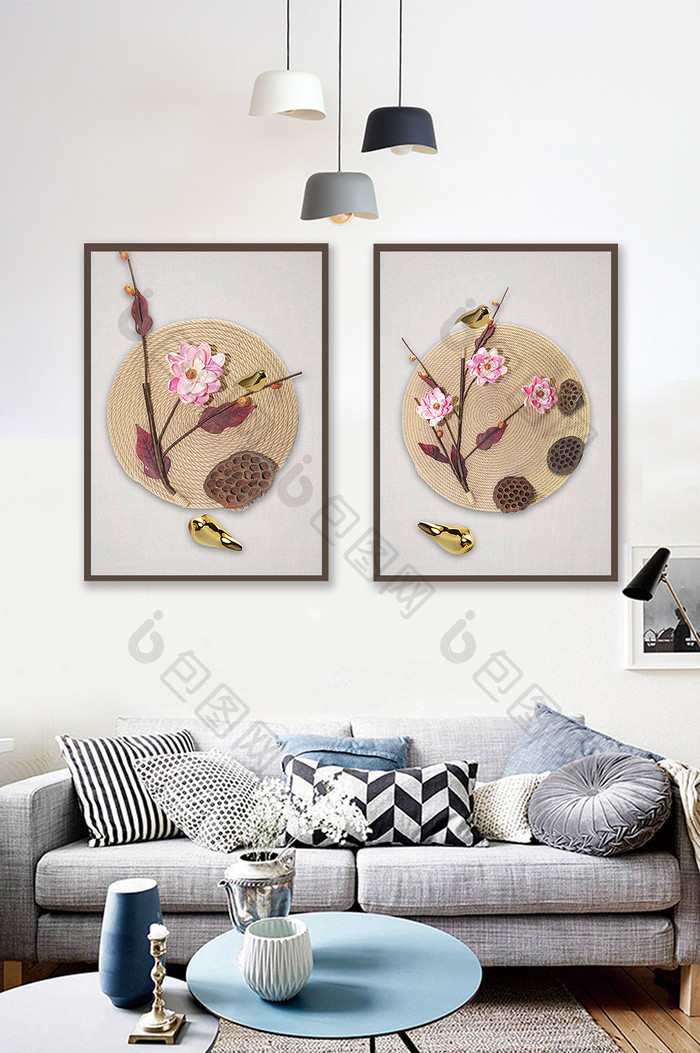 新中式抽象艺术简约中国风金色植物鸟装饰画