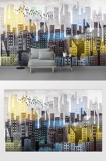 现代简约风格抽象城市背景墙壁画图片