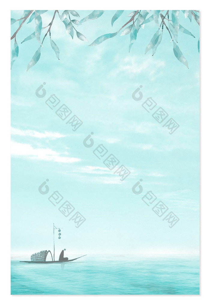 复古水蓝色水彩湖边垂柳小船中国风背景