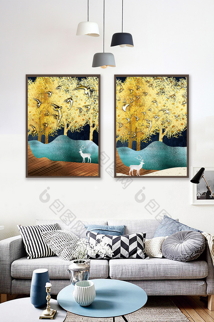 北欧金色树木欧洲风格抽象艺术麋鹿装饰画