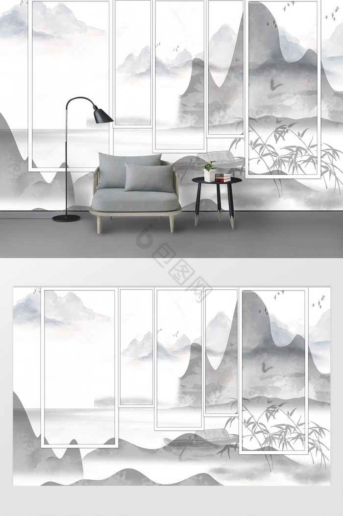 中式意境大气水墨山水瀑布金色鸟油画背景墙图片